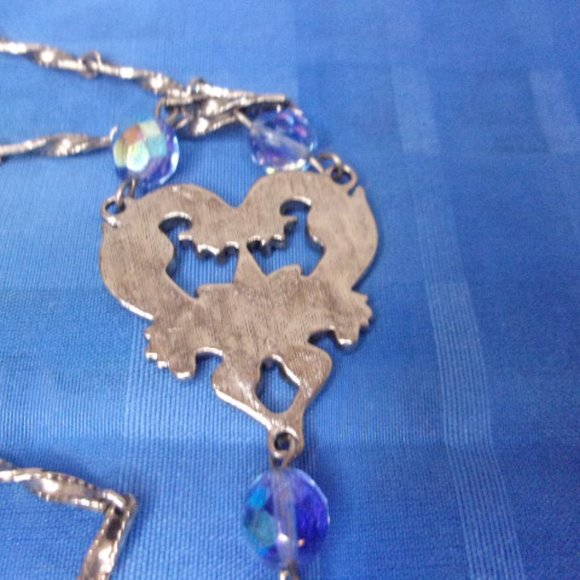 Blue Bead Silver Bar Link Lariat Style Necklace 26" Long - Picture 7 of 11